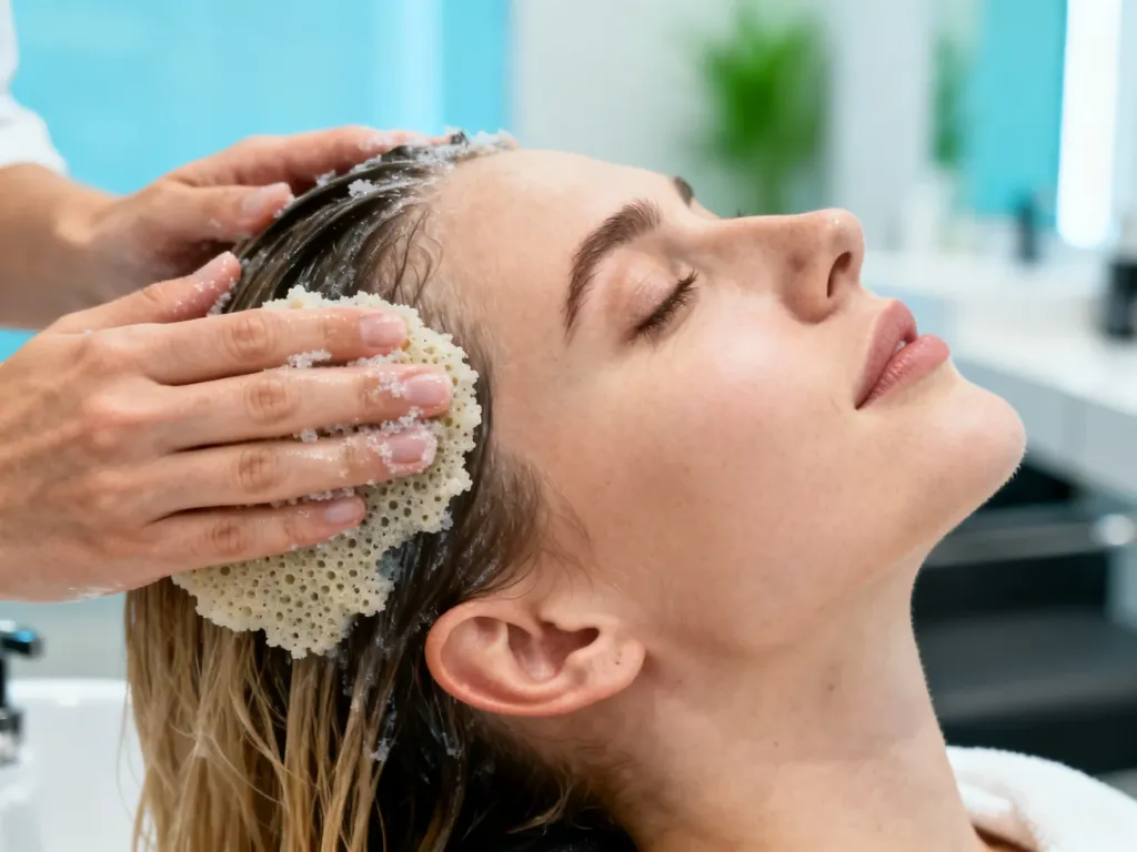 Profesjonalny masaż skóry głowy z użyciem peelingu złuszczającego w nowoczesnym salonie spa.