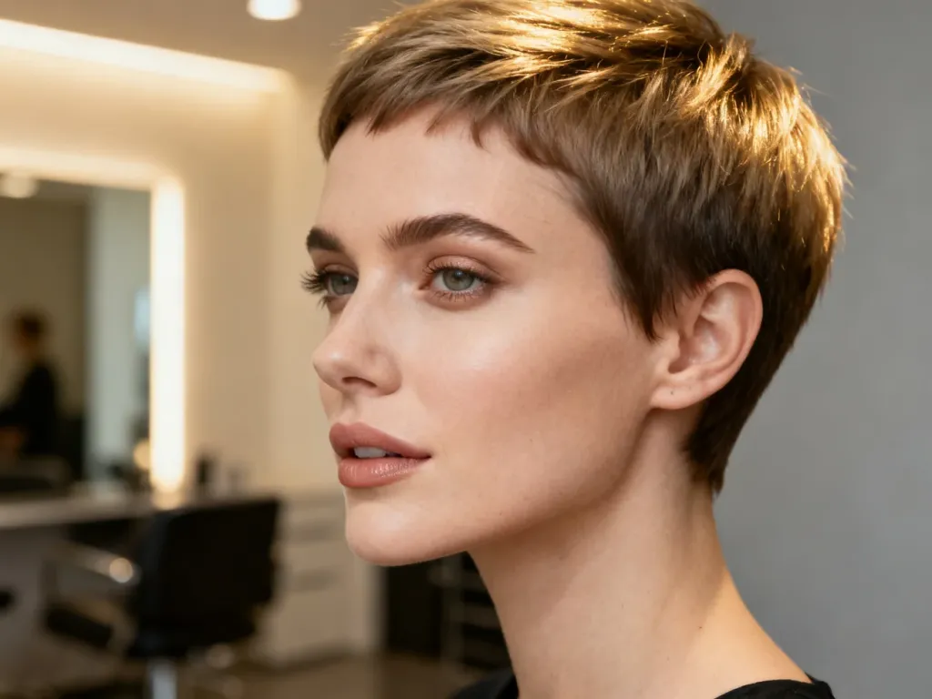Kobieta z modną fryzurą pixie cut w nowoczesnym salonie fryzjerskim, podkreślająca naturalne piękno krótkich włosów.
