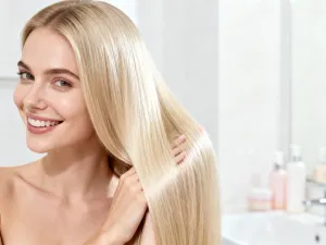 Fryzjer profesjonalnie doczepia pasma do długich, blond włosów klientki w nowoczesnym salonie fryzjerskim.