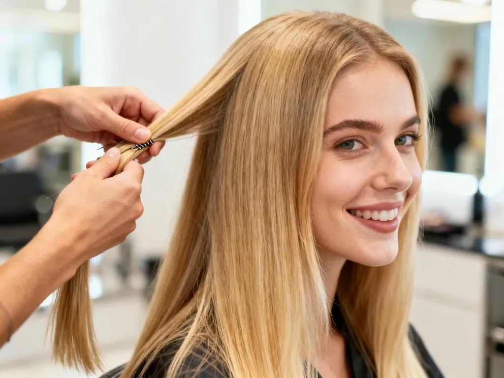 Fryzjer profesjonalnie doczepia pasma do długich, blond włosów klientki w nowoczesnym salonie fryzjerskim.