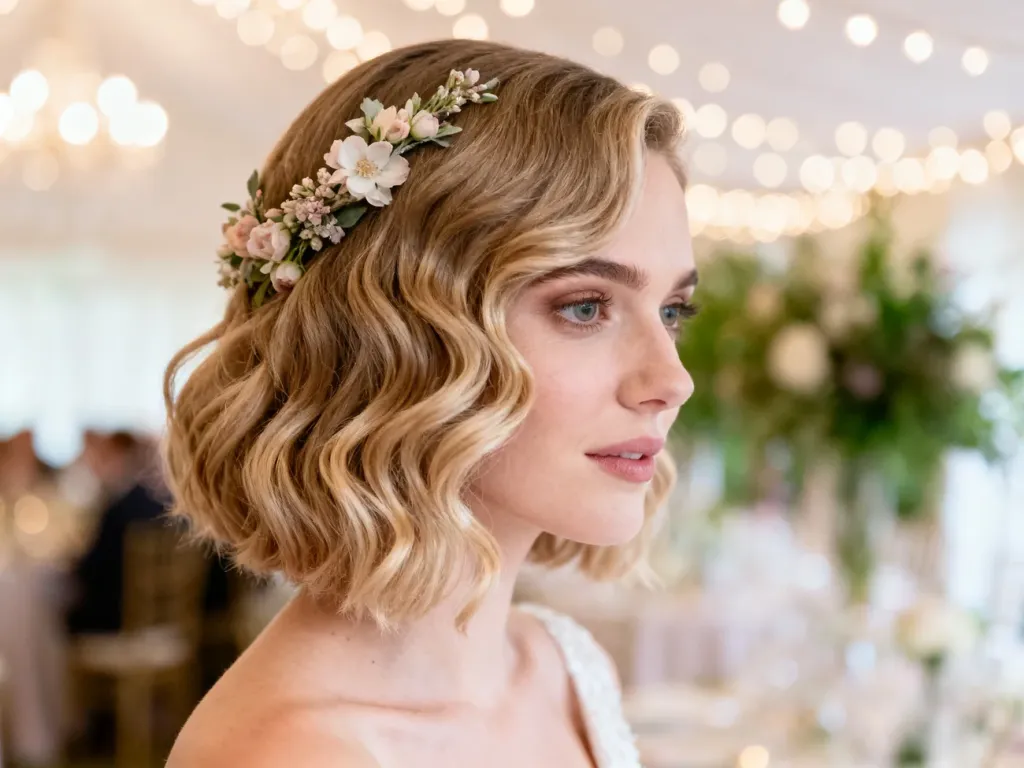 Elegancka fryzura typu wavy bob z delikatnymi kwiatowymi ozdobami, idealna na wesele dla włosów do ramion.