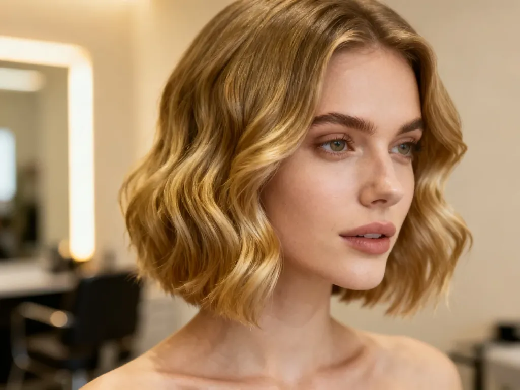 Kobieta z modną fryzurą typu wavy bob o długości do ramion w eleganckim wnętrzu salonu fryzjerskiego.