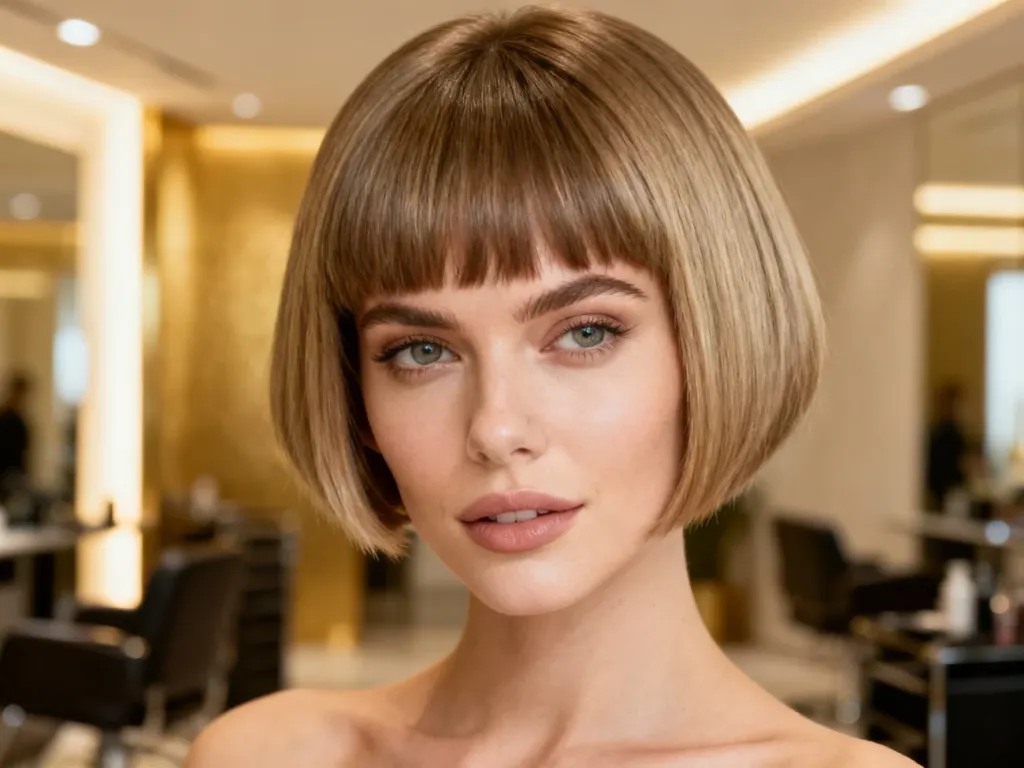 Stylowa kobieta z modną fryzurą pixie bob z grzywką w nowoczesnym salonie fryzjerskim.