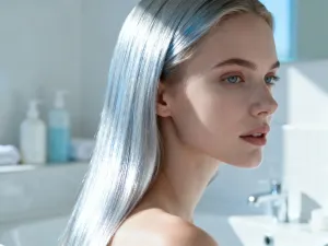 Kobieta z modną fryzurą typu wavy bob o długości do ramion w eleganckim wnętrzu salonu fryzjerskiego.