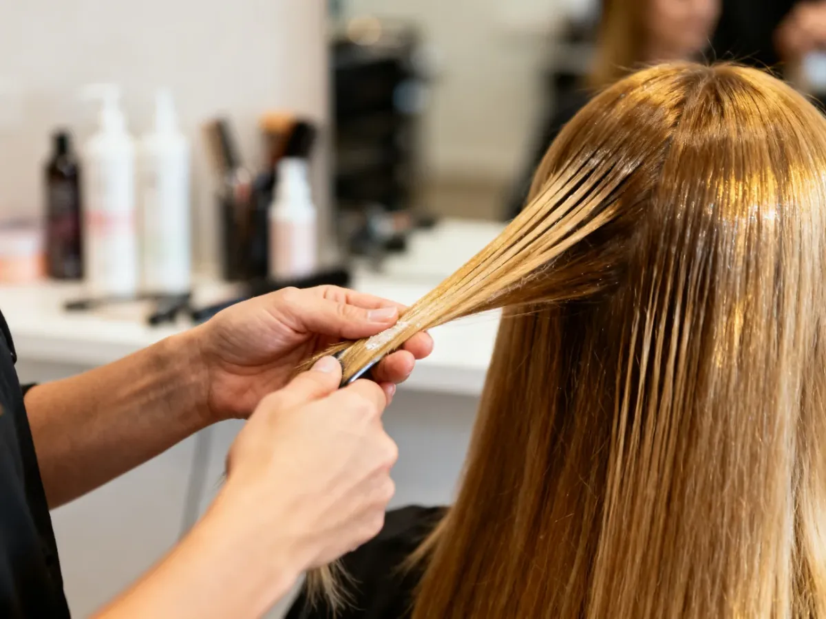 Stylista nakłada preparat wygładzający na wydzielone pasma włosów w salonie