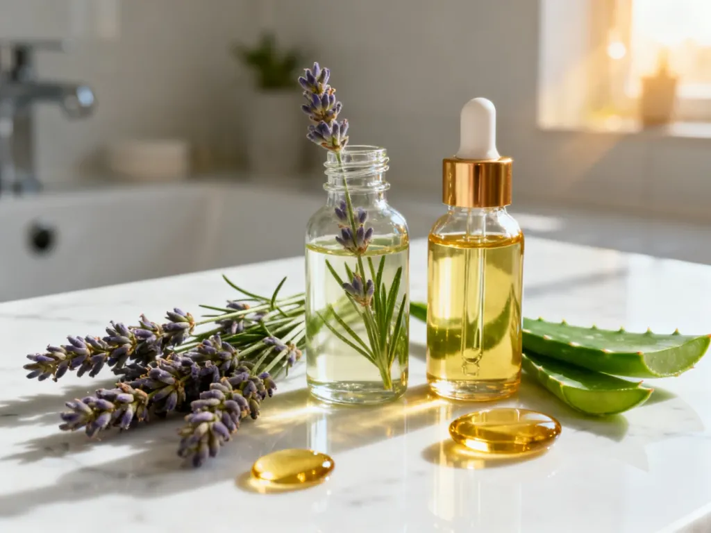 Naturalne składniki kosmetyczne, takie jak aloes, lawenda i olej jojoba, ułożone na marmurowym blacie.