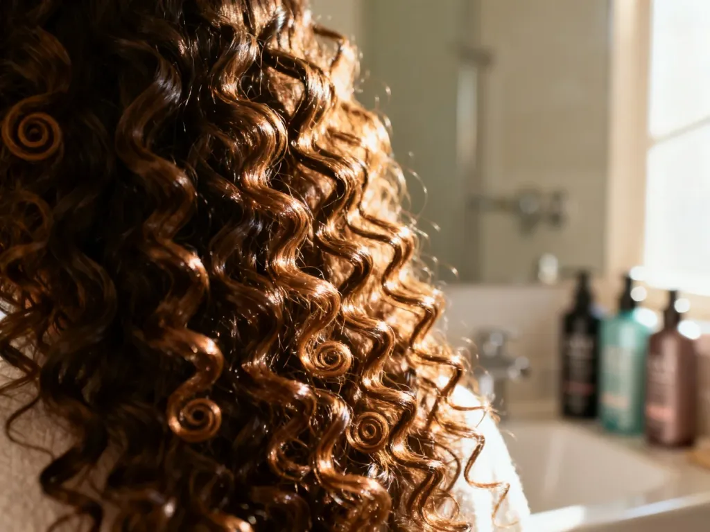 Zbliżenie na zdrowe, lśniące i wyraźnie zdefiniowane loki w świetle poranka, podkreślające efekt metody Curly Girl.