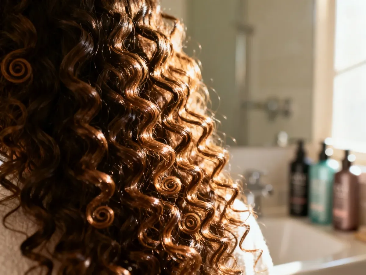 Zbliżenie na zdrowe, lśniące i wyraźnie zdefiniowane loki w świetle poranka, podkreślające efekt metody Curly Girl.