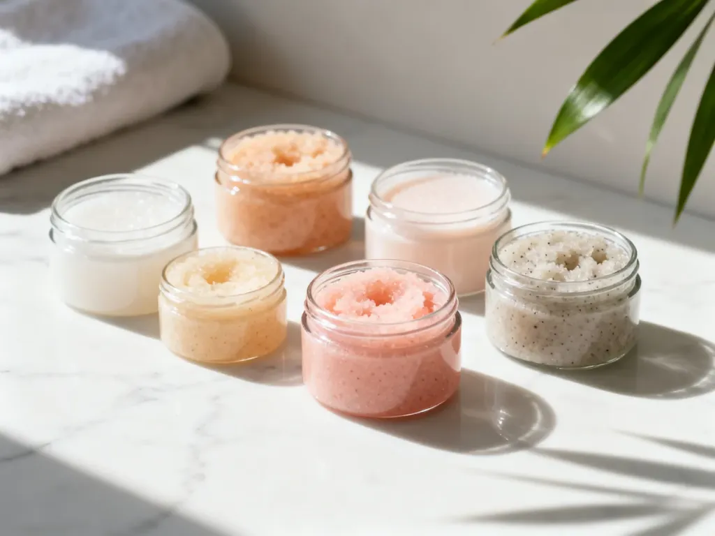 Produkty do peelingu skóry głowy w szklanych słoiczkach ustawione na marmurowym blacie w estetyce spa.