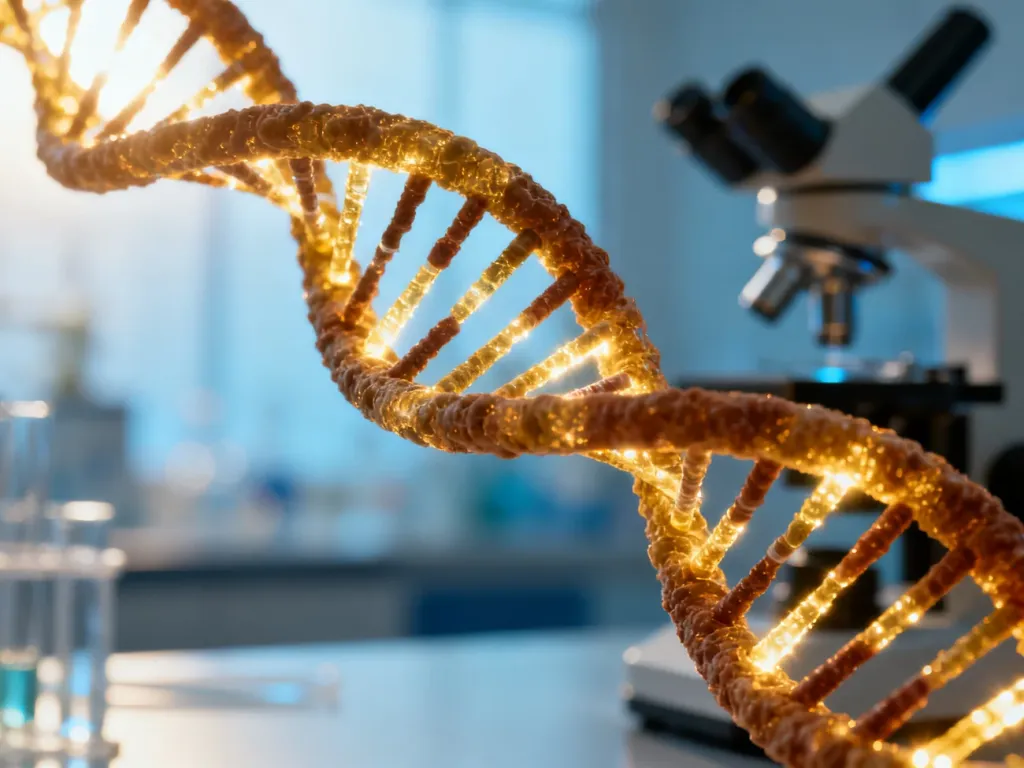 Złota struktura helisy DNA na tle laboratorium, symbolizująca genetyczne uwarunkowania koloru włosów.