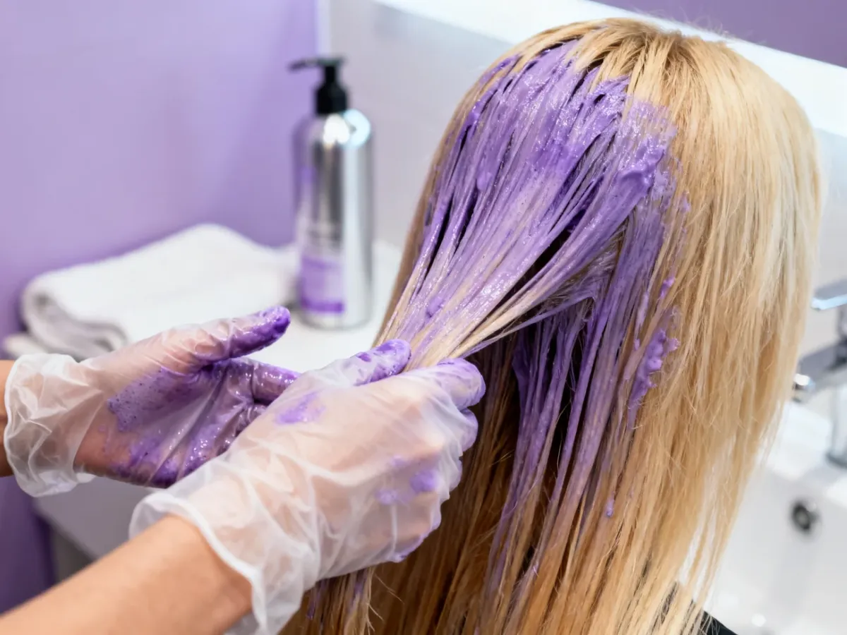 Nakładanie fioletowego szamponu na wilgotne blond włosy w rękawiczkach