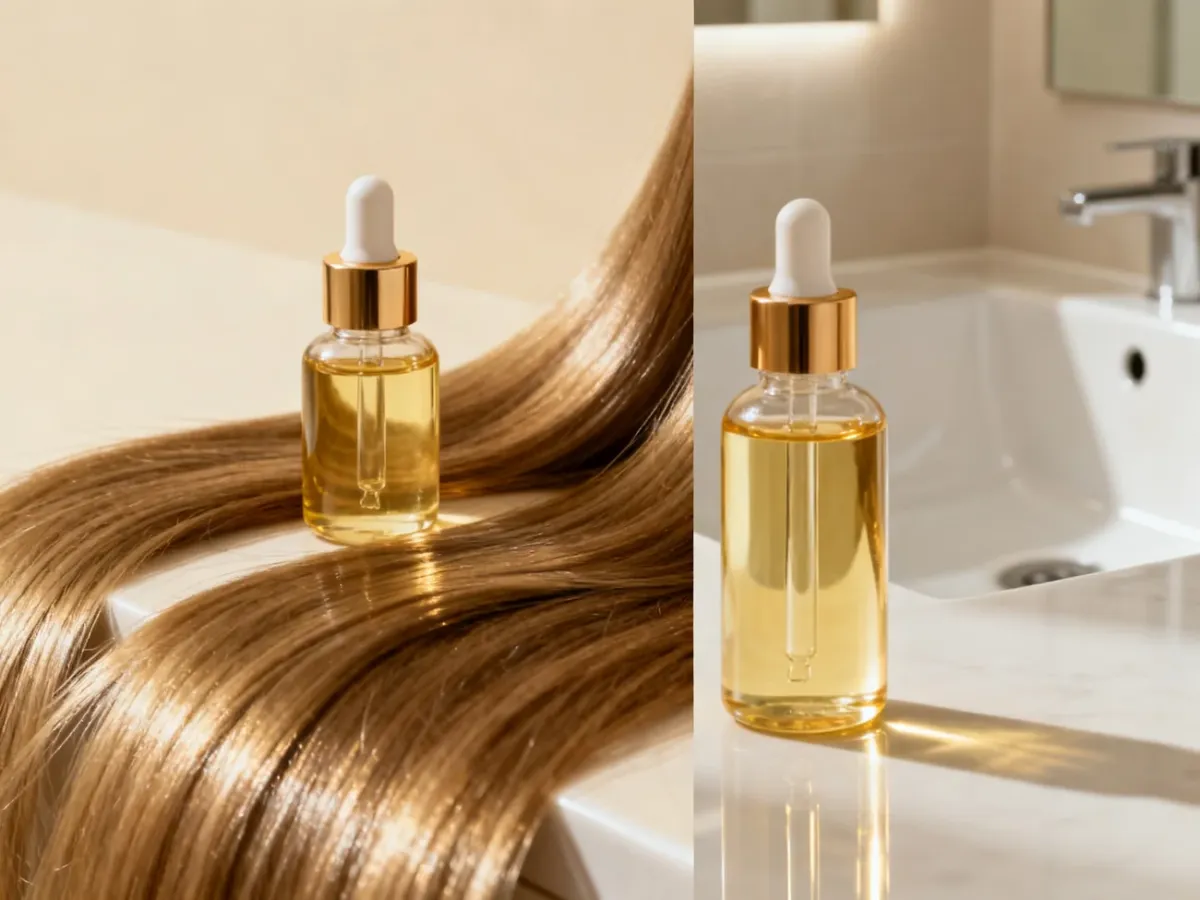 Hair oil and serum arranged beside smooth, shiny hair