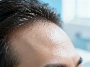Akcesoria do pielęgnacji włosów po treningu: ręcznik, szczotka i spray odświeżający na marmurowym blacie.