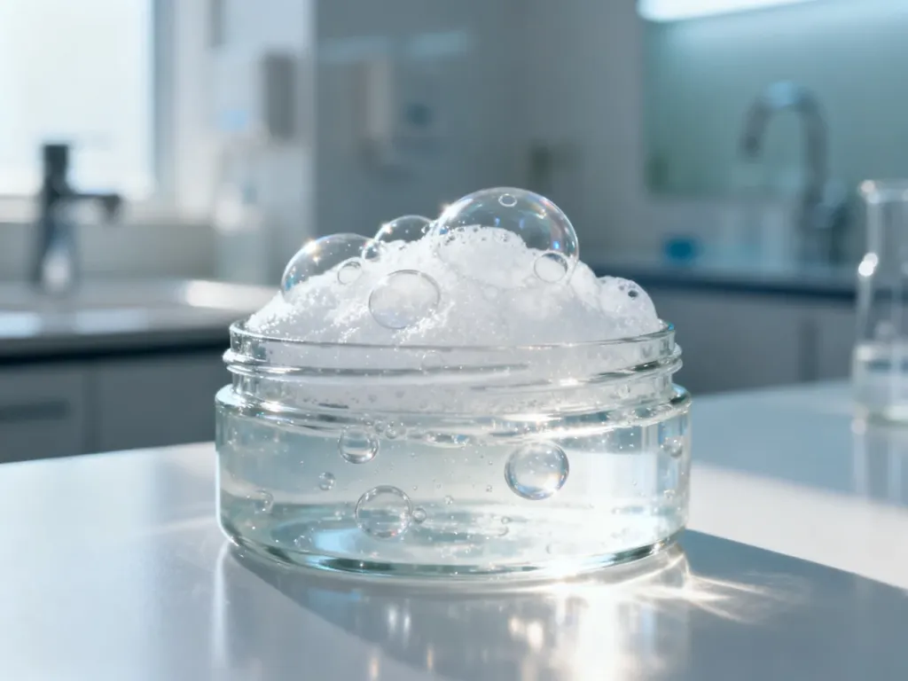 Przezroczysty żel kosmetyczny z bąbelkami w szklanym naczyniu, podkreślający czystą i laboratoryjną estetykę produktu.