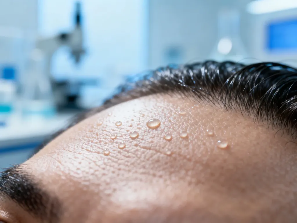 Zbliżenie na zdrową skórę głowy z widoczną strukturą naskórka i naturalnym sebum, ilustrujące barierę hydrolipidową.