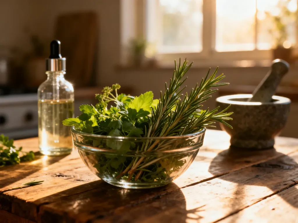 Szklana miska ze świeżymi ziołami i rozmarynem na drewnianym stole, przygotowana do wykonania domowej wcierki.