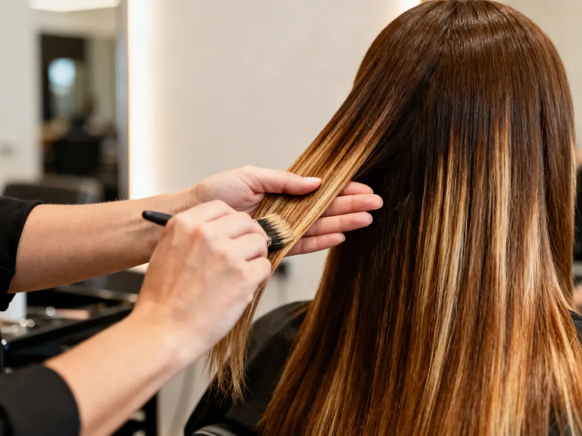 Stylista wykonujący wielowymiarowy baleyage na brązowych włosach