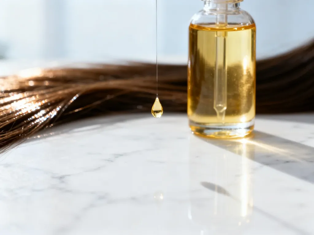 Szklana buteleczka ze złotym serum do włosów na marmurowym blacie z widoczną kroplą preparatu i lśniącymi pasmami w tle.