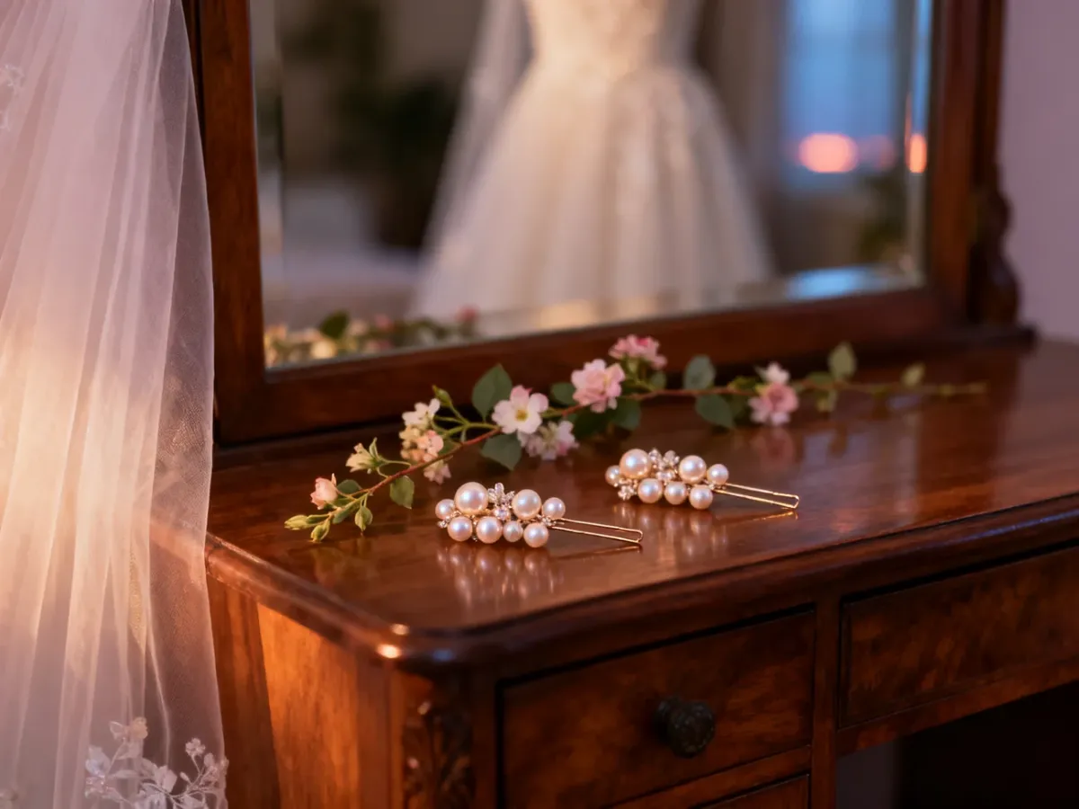 Eleganckie perłowe spinki i kwiatowe ozdoby do włosów na drewnianej toaletce w romantycznym, weselnym klimacie.