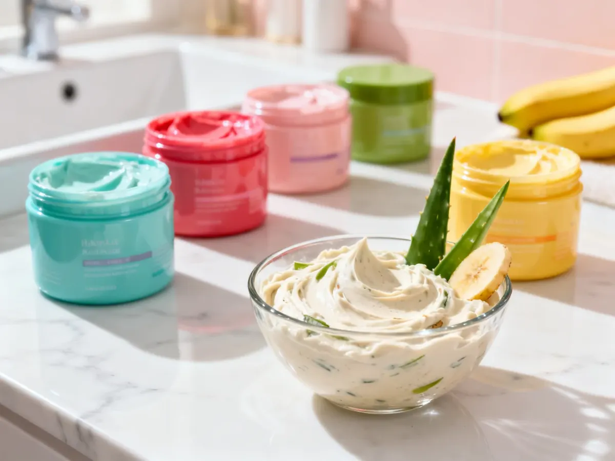 Słoiki z maskami do włosów Garnier Fructis oraz miseczka z kremową odżywką z dodatkiem aloesu i banana na marmurowym blacie.