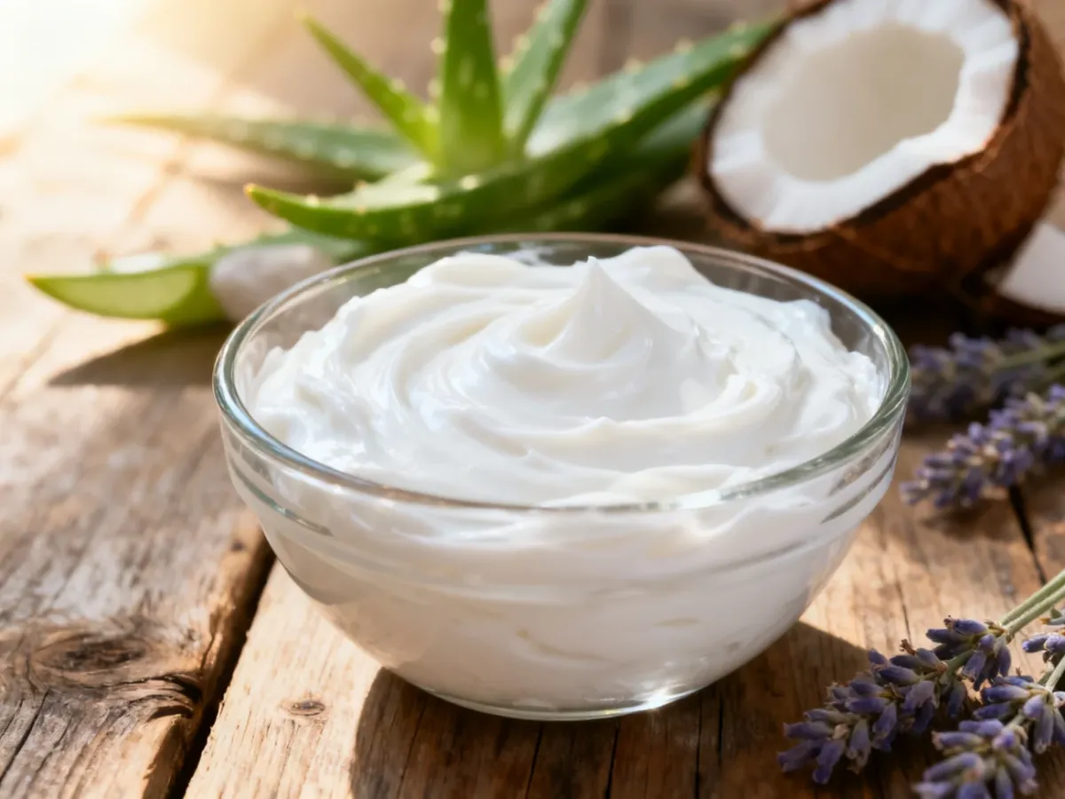 Gęsta, kremowa maska do włosów w szklanej miseczce, otoczona naturalnymi składnikami, takimi jak aloes i kokos.