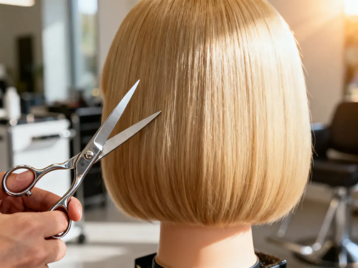 Fryzjer wykonujący precyzyjne cięcie na idealnie wystylizowanym blond bobie na głowie manekina w profesjonalnym salonie.