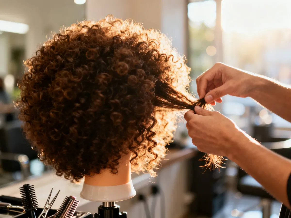 Profesjonalna stylizacja gęstych afro loków na głowie manekina w słonecznym salonie fryzjerskim.
