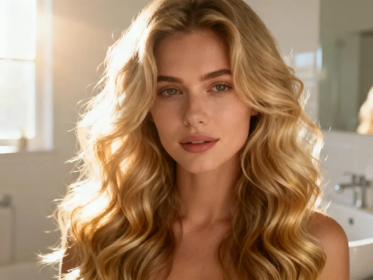 Zdrowe, lśniące blond włosy ułożone w naturalne fale, prezentujące efektowną stylizację rozpuszczonych pasm.