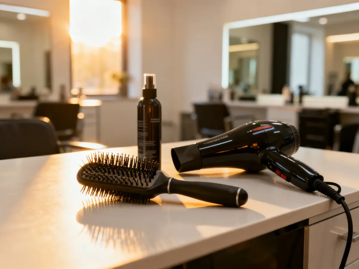 Profesjonalne akcesoria do stylizacji włosów, takie jak szczotka, suszarka i spray, ułożone na minimalistycznym stole w salonie.