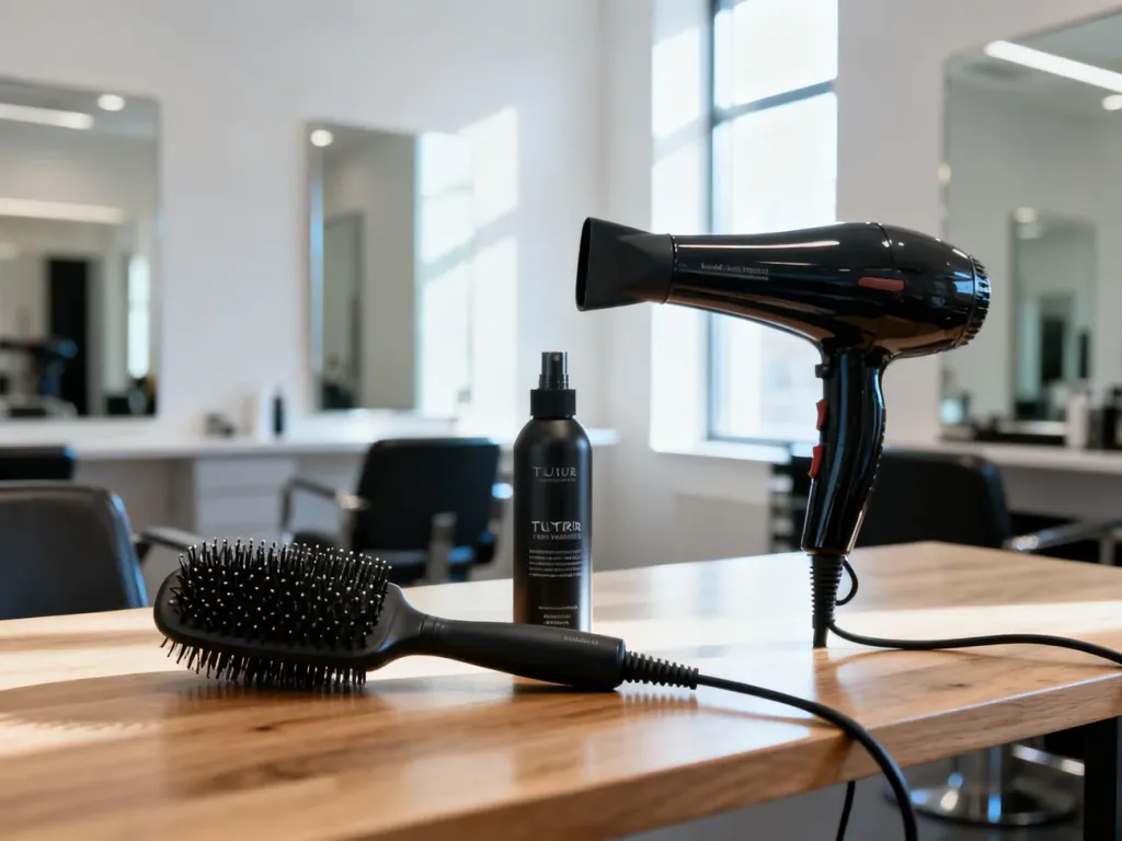 Profesjonalny zestaw do stylizacji włosów: suszarka, okrągła szczotka i spray na drewnianym stole w salonie fryzjerskim.