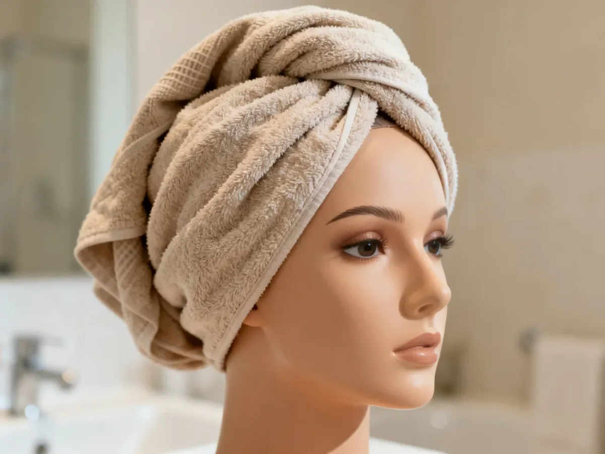 Starannie zawinięty turban z miękkiego ręcznika na głowie manekina, prezentujący estetyczny sposób na osuszenie włosów.