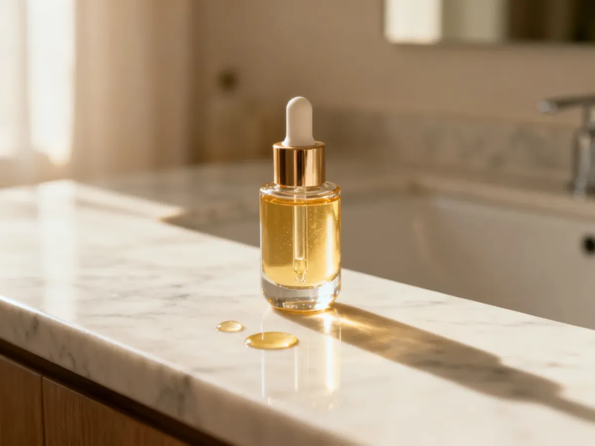 Elegancka buteleczka ze złotym serum do włosów Joanna na marmurowym blacie w słonecznej łazience.