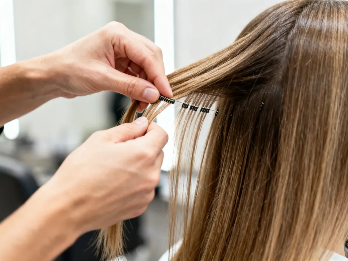 Stylistka zakładająca doczepiane pasma włosów w salonie fryzjerskim