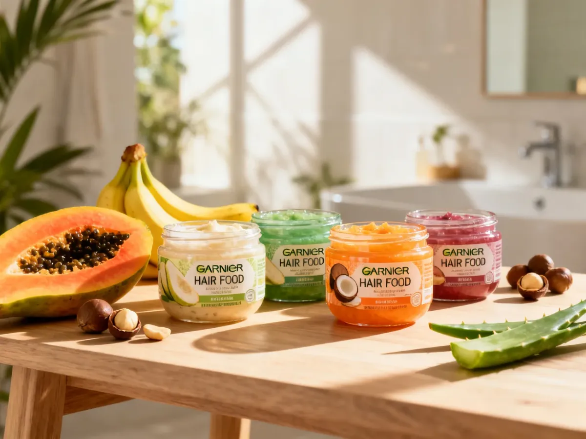 Kolorowe słoiczki masek Garnier Hair Food otoczone świeżymi owocami i składnikami naturalnymi na drewnianym stole.