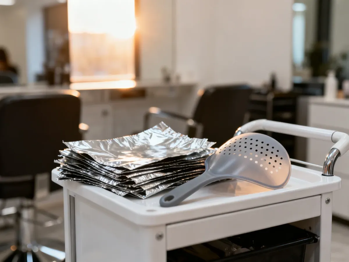 Profesjonalne narzędzia fryzjerskie do pasemek: folia aluminiowa oraz czepek silikonowy na wózku w salonie fryzjerskim.
