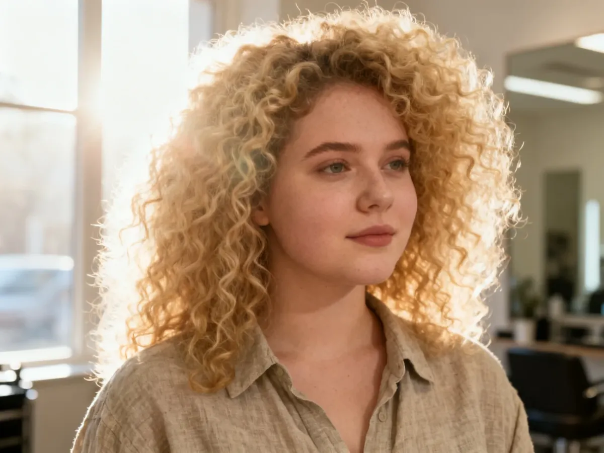Kobieta o jasnej karnacji z długimi, blond włosami ułożonymi w objętościowe afro loki w słonecznym salonie fryzjerskim.