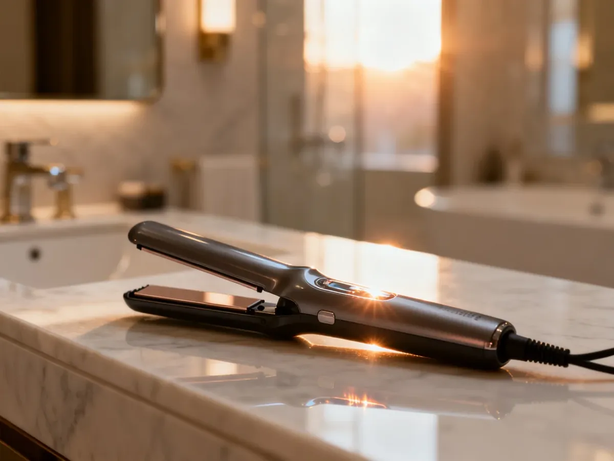 Nowoczesna lokówka Dyson leżąca na marmurowym blacie w eleganckiej, słonecznej łazience.