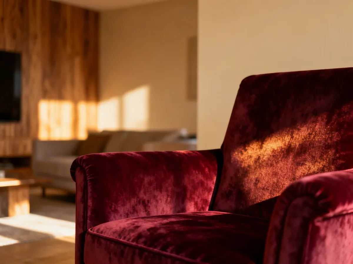 Elegancki fotel z bordowego weluru w minimalistycznym salonie, stanowiący wyrazisty akcent kolorystyczny wnętrza.