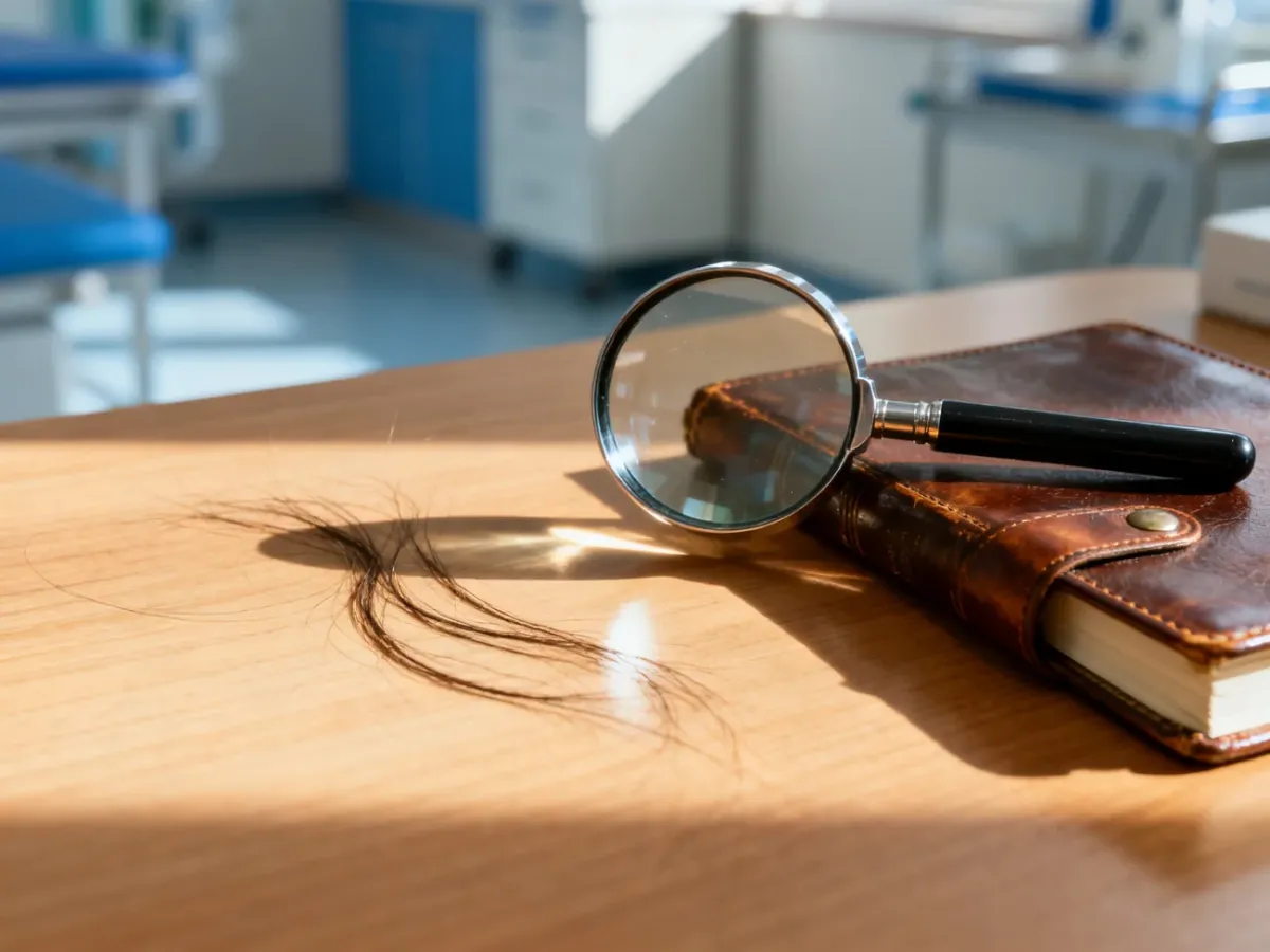 Wypadające włosy leżące na stole obok lupy lekarskiej i notatnika, symbolizujące diagnostykę problemów z utratą włosów.