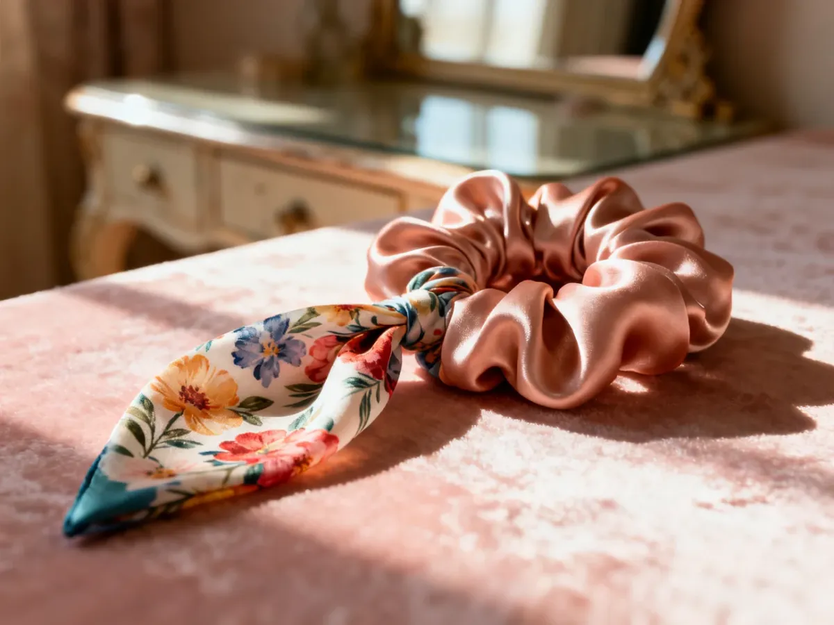 Elegancka jedwabna gumka z apaszką w kwiatowy wzór leżąca na pastelowym tle, gotowa do stylizacji fryzury.