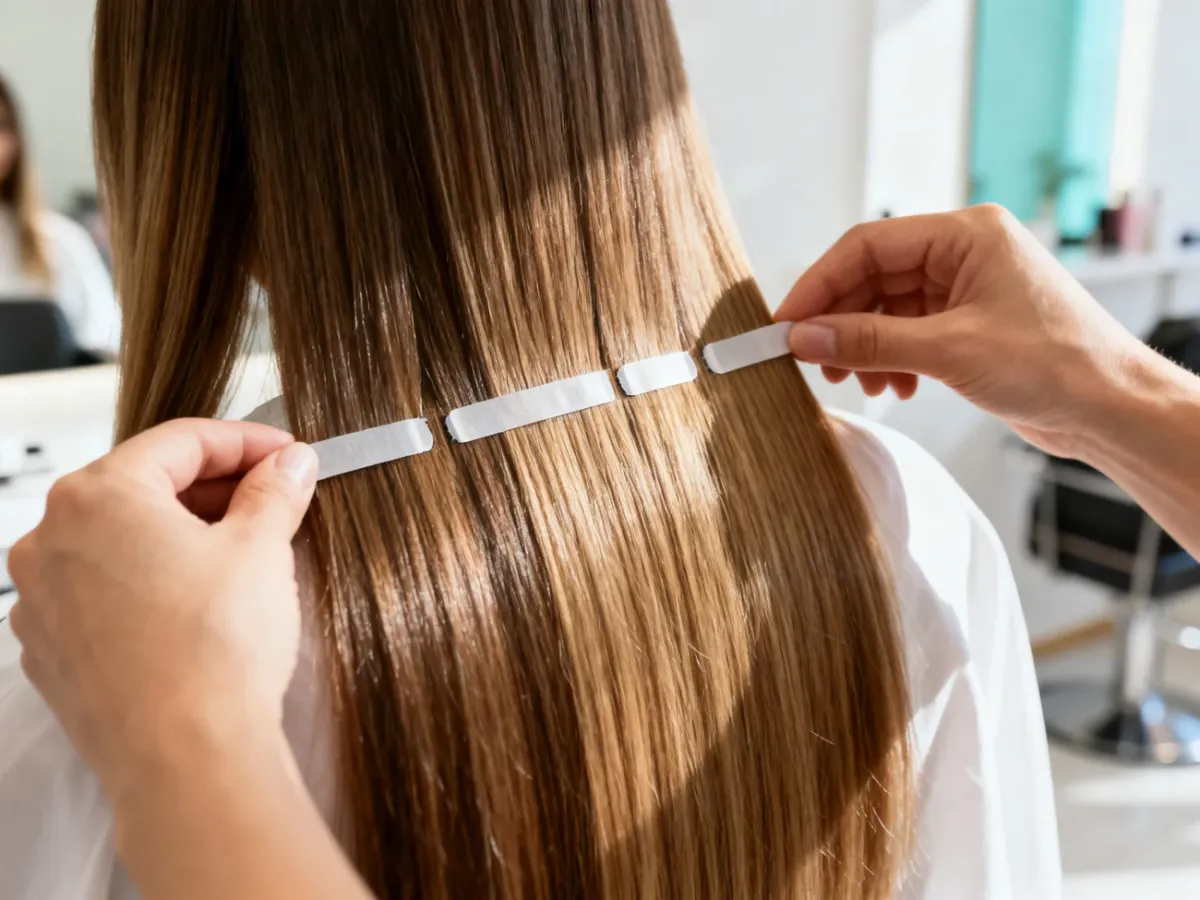 Profesjonalne pasma do przedłużania włosów metodą kanapkową aplikowane na naturalne włosy w nowoczesnym salonie.