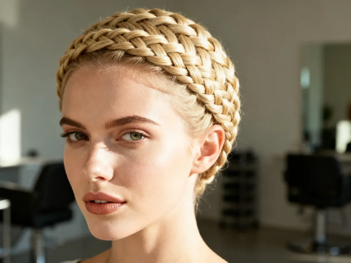 Blondynka z precyzyjnie zaplecionymi warkoczykami na całej głowie w nowoczesnym salonie fryzjerskim.