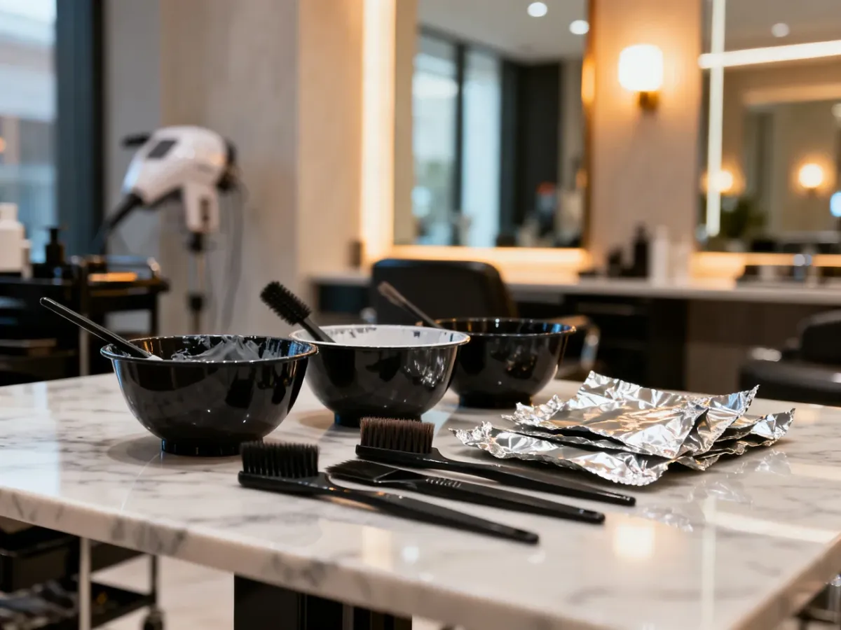 Profesjonalne akcesoria fryzjerskie, miseczki z farbą i folie aluminiowe przygotowane do koloryzacji włosów w salonie.