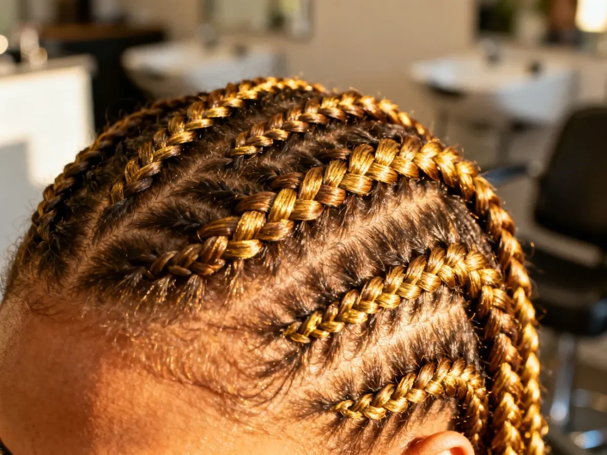 Zbliżenie na precyzyjnie zaplecione warkoczyki typu cornrows w profesjonalnym salonie fryzjerskim.