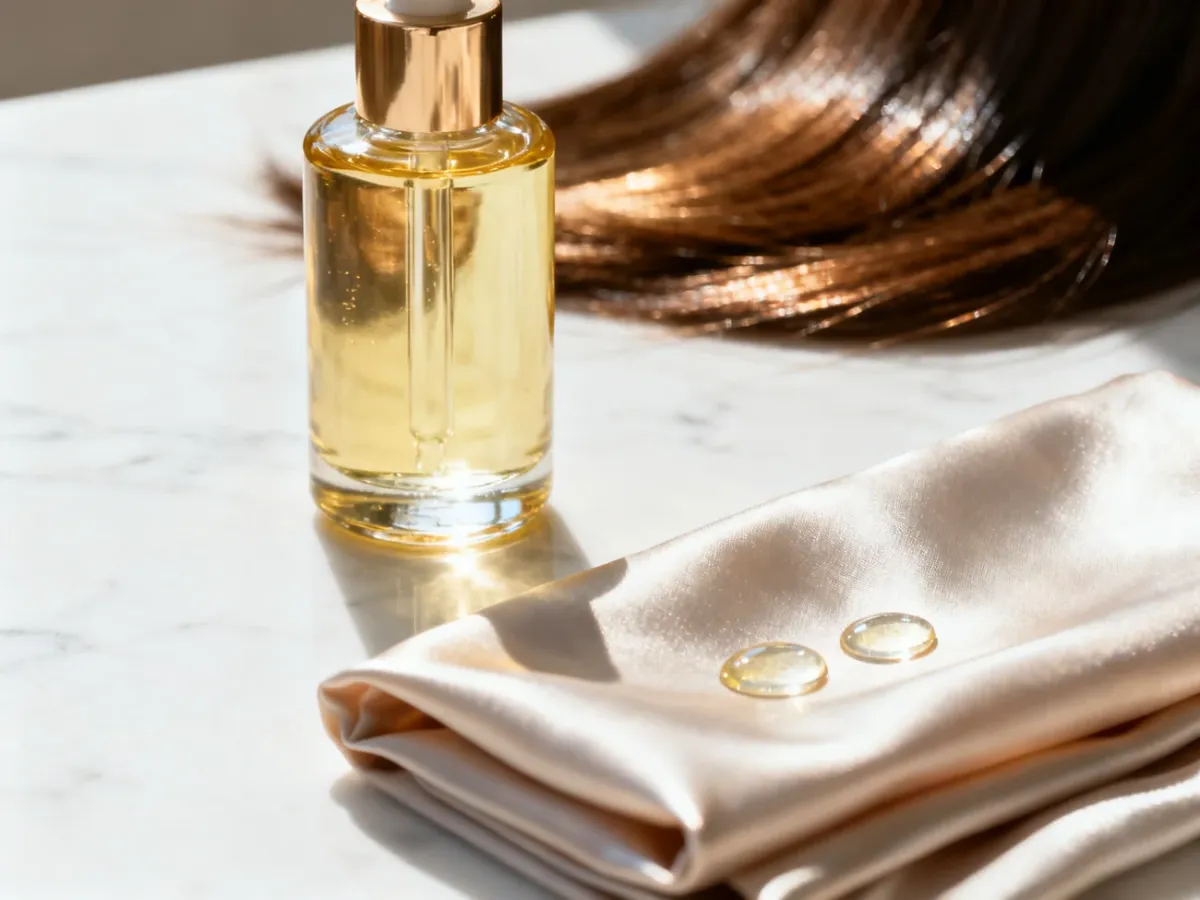 Szklana buteleczka serum Biosilk na marmurowym blacie obok kropli olejku na jedwabnej tkaninie i lśniących włosów.
