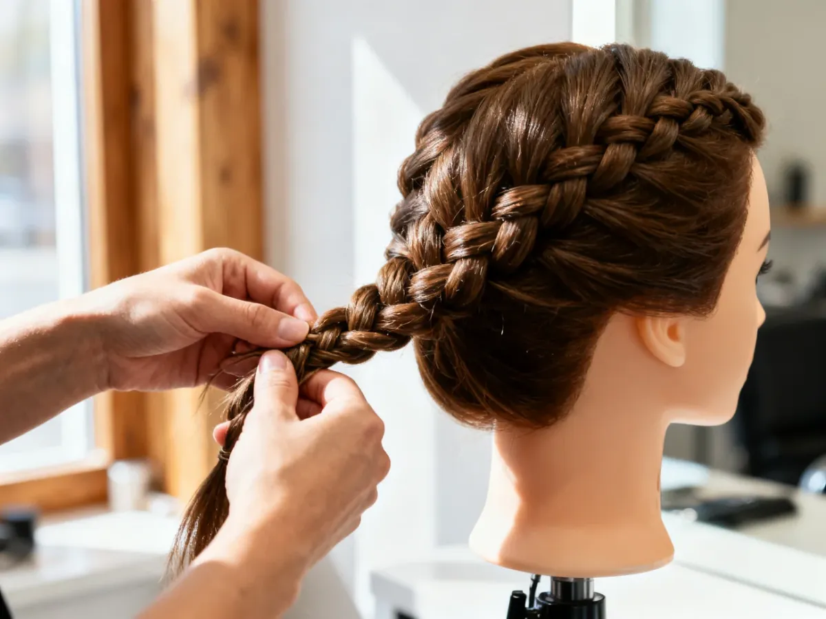 Dłonie fryzjera zaplatające precyzyjny warkocz na głowie manekina w jasnym, profesjonalnym salonie fryzjerskim.