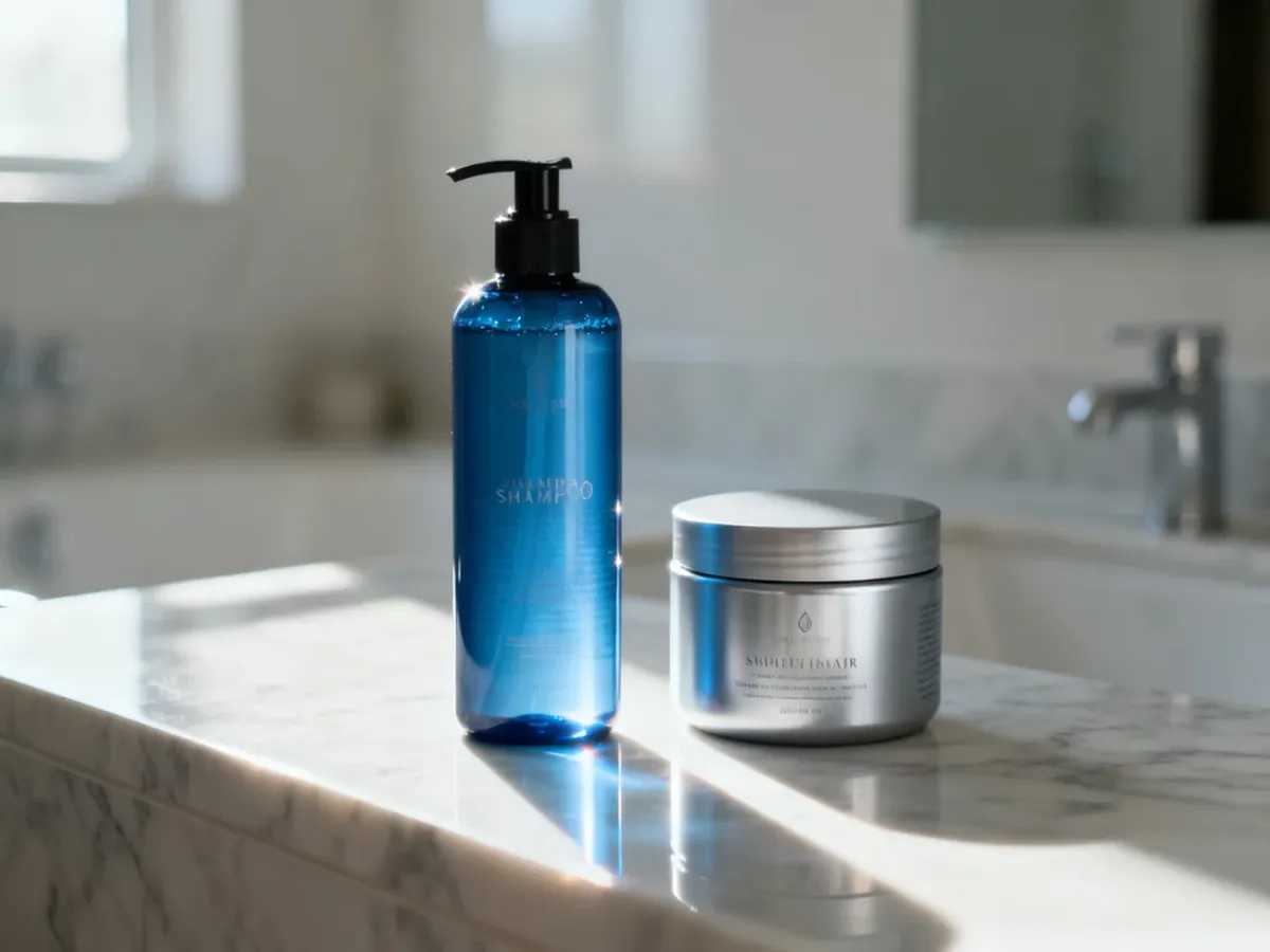 Zestaw kosmetyków do pielęgnacji włosów z szamponem tonującym i maską na marmurowym blacie w łazience.