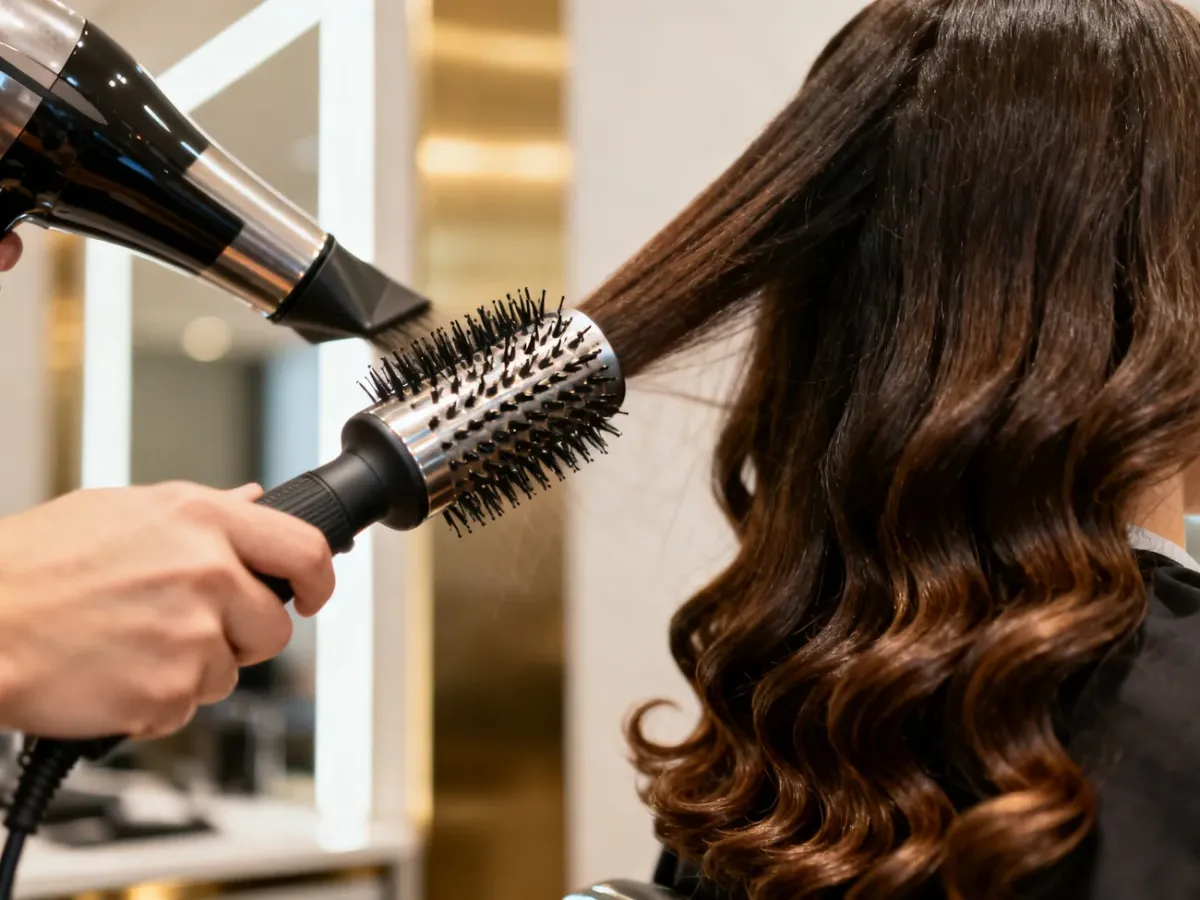 Metal round brush styling thick hair into smooth voluminous ends