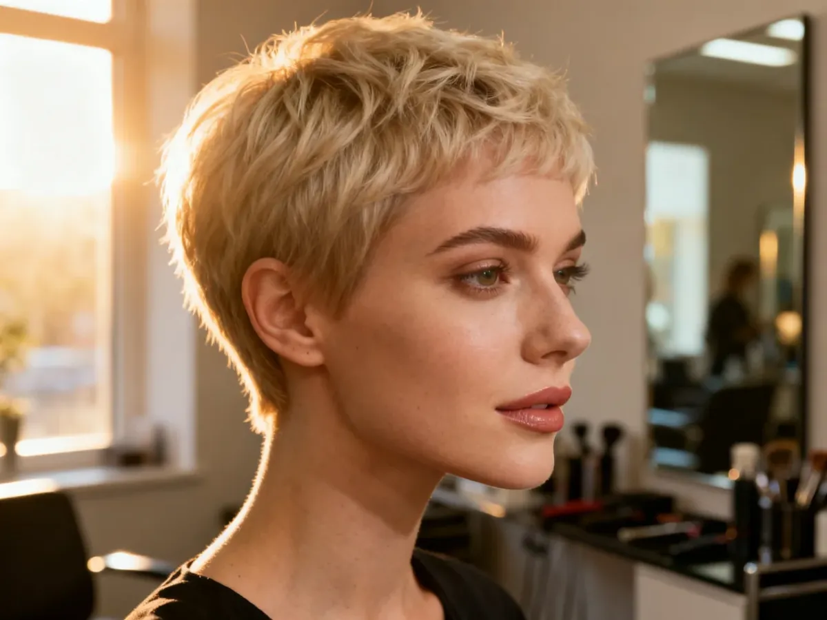 Kobieta z modną, krótką fryzurą typu pixie w jasnym blondzie, prezentująca stylowe i nowoczesne cięcie w salonie fryzjerskim.