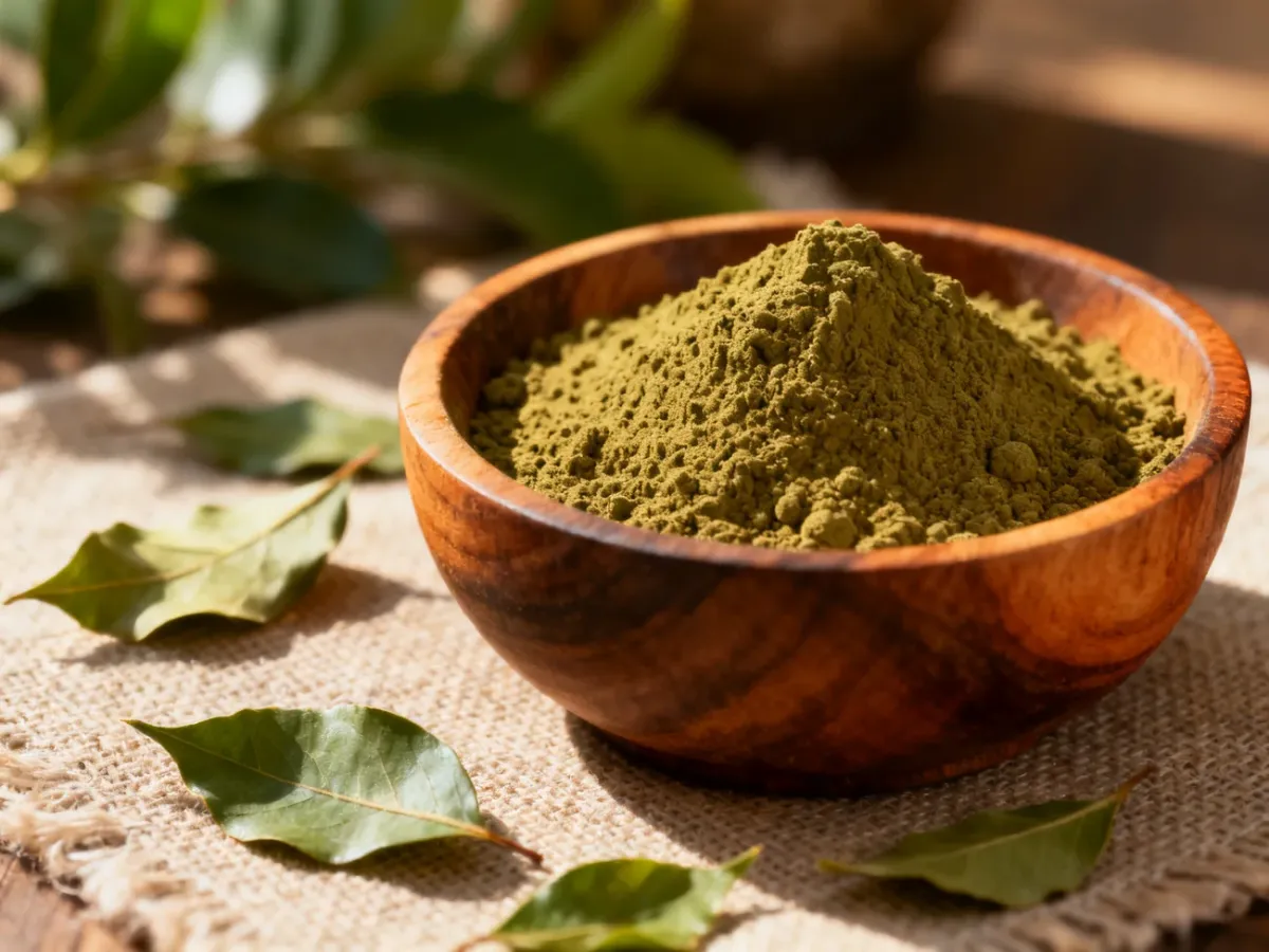 Wysokiej jakości organiczna henna w proszku w drewnianej miseczce na lnianym tle, podkreślająca naturalny skład produktu.